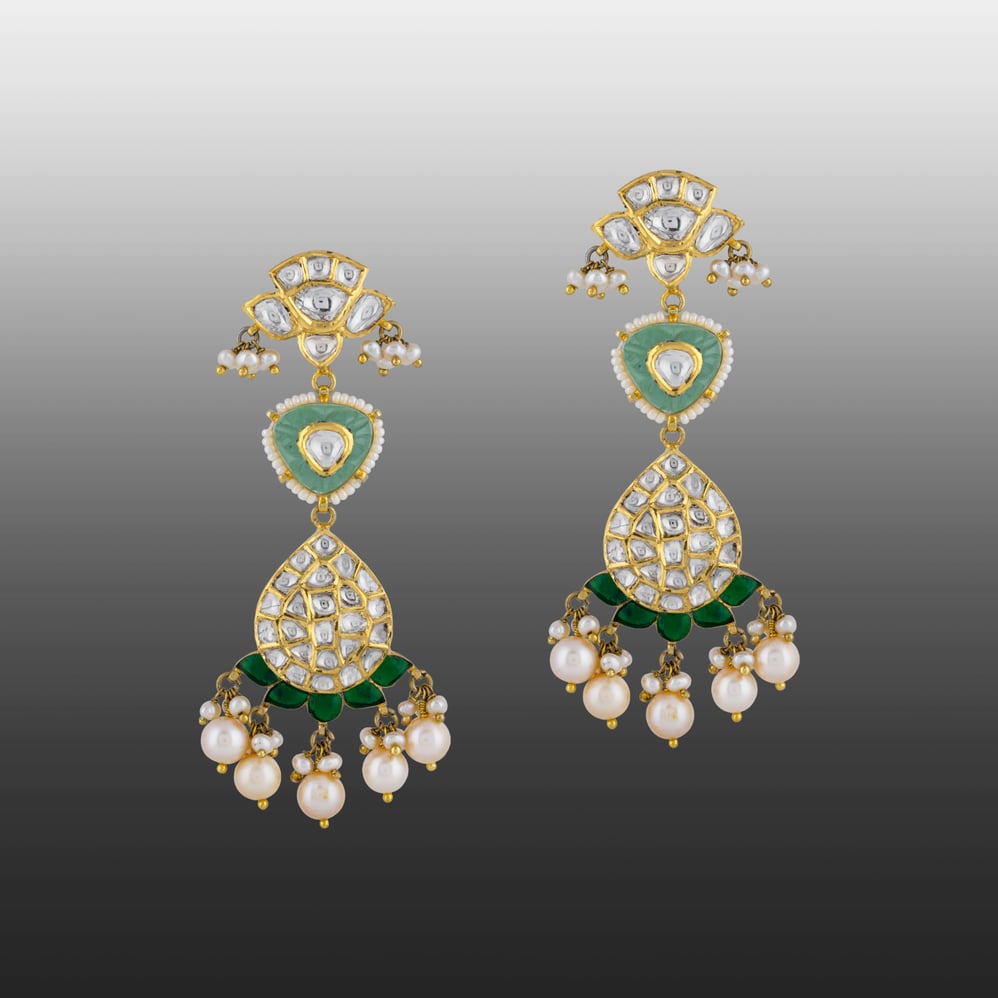 Uncut Diamond Polki Earrings with Carved Emerald & Pearls
